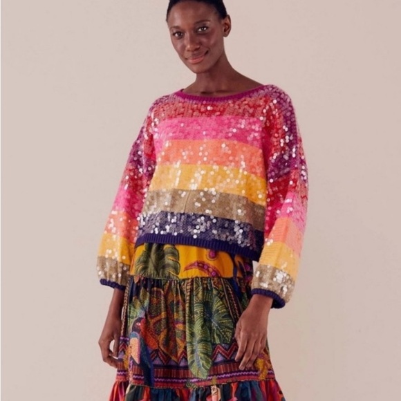 Farm Rio NWT Rainbow Stripe Sequin Sweater - Picture 2 of 11